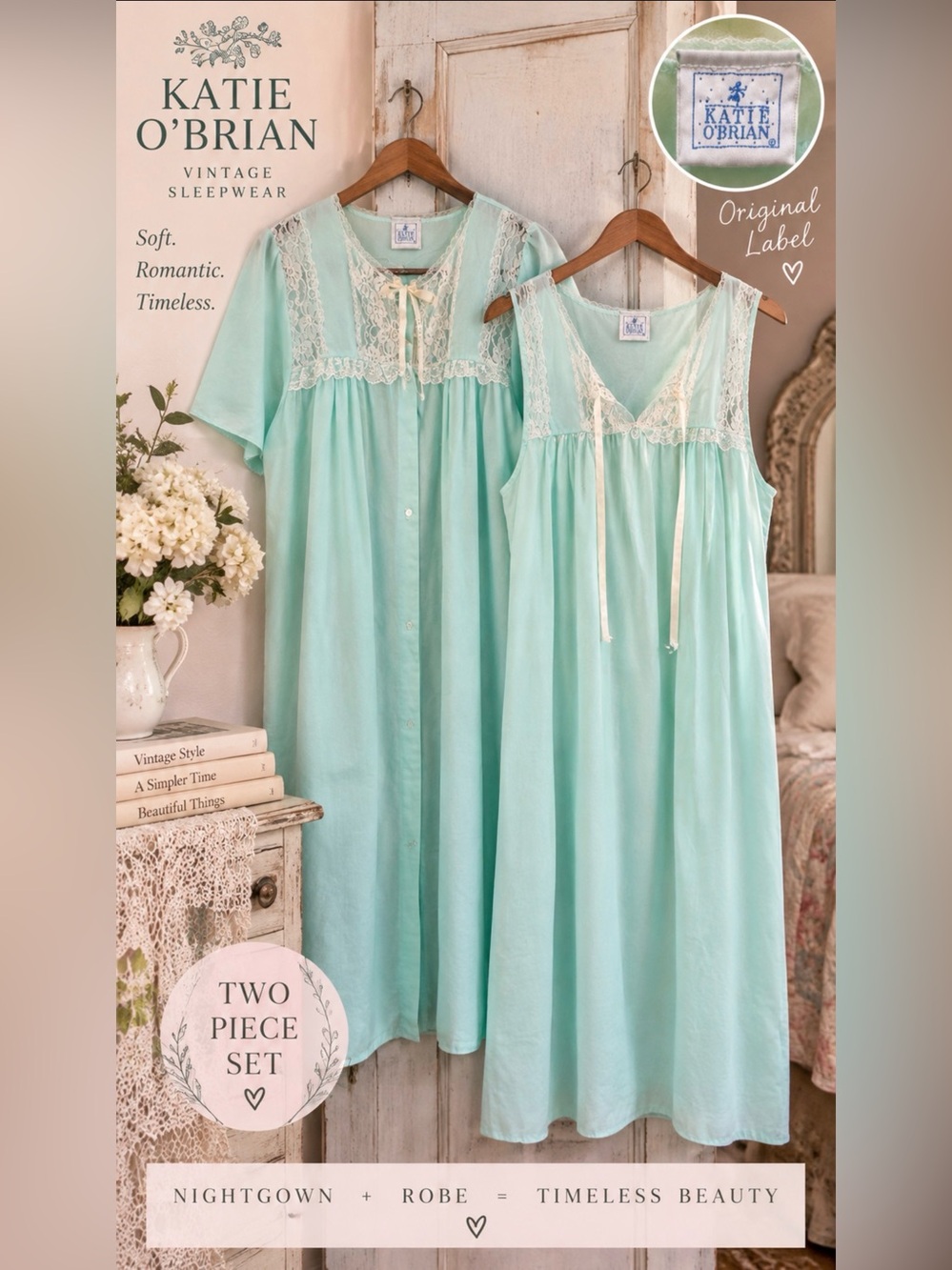 Vintage 80s Katie O’Brian 2-Piece Nightgown Robe Peignoir Set Mint Lace Large
